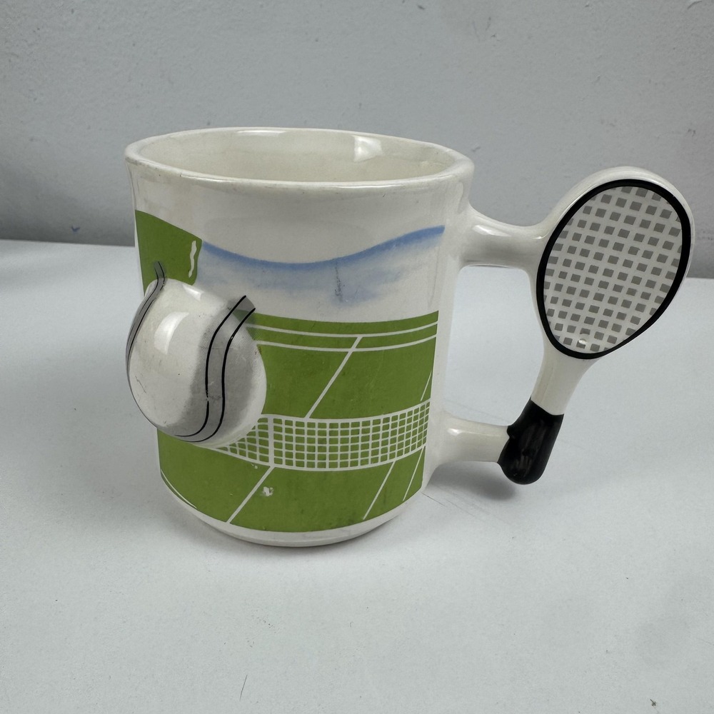 Vintage Emson White Tennis Novelty Mug 3D Ball Racket Handle Sports Ceramic